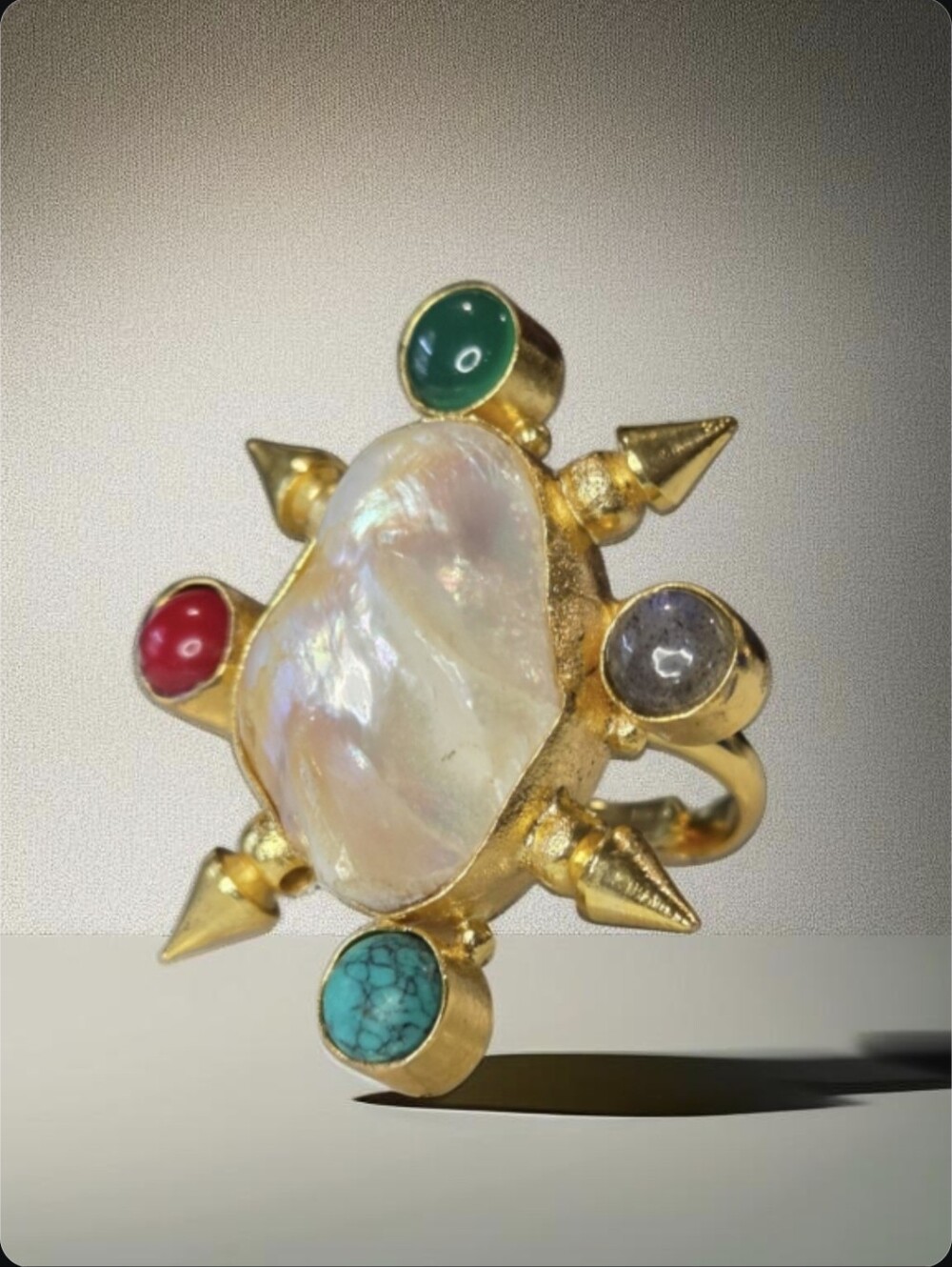 18k Gold Plated Genuine Freshwater Pearl Emerald Turquoise Coral Amethyst Ring